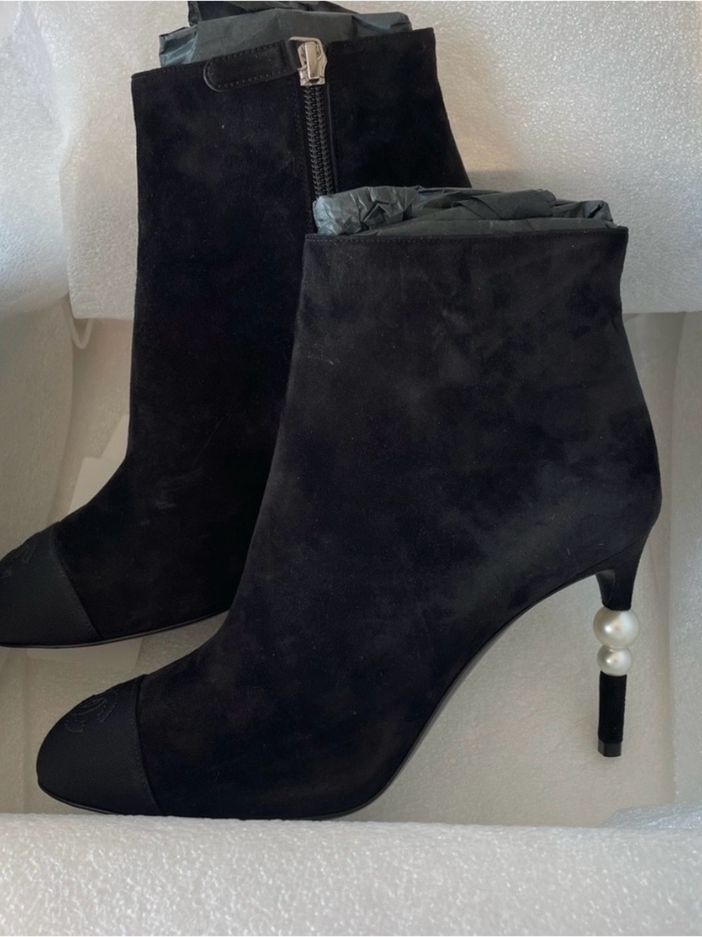 NWT - Chanel Black Suede Pearl-Accent Ankle Boots